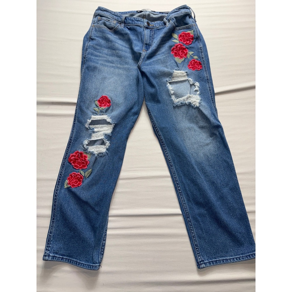 Hollister High Rise Slim Straight Embroidered Rose Ripped Jeans 13R W31‎ L27